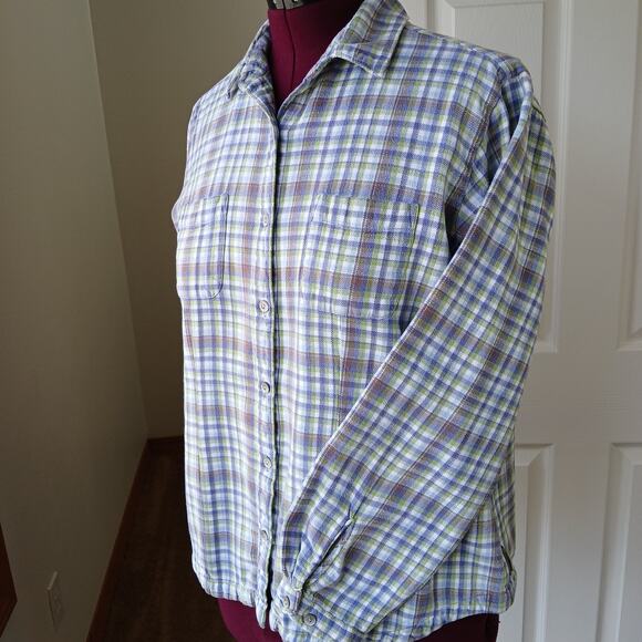 Woolrich Multi Flannel Blouse L purple green white plaid checks LS vtg Y2K warm - Picture 2 of 13